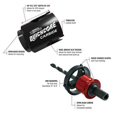 Blu MOL Xtreme QuickCore Hole Saw Set showing tungsten carbide saw blade and QuickChange mandrel with open back design.
