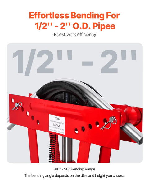VEVOR 12 Ton Hydraulic Pipe Bender Manual Copper Tube Bending Machine With Six Dies For One Half To Two Inch Piping Projects, showing bending range.