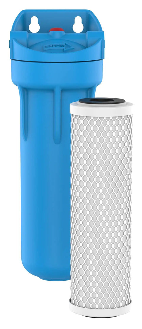 Image of an Undersink Water Filtration System With EZ Quick Connect 1 Quarter Inch Tubing, showing the blue housing and CB3 cartridge.