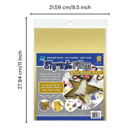Hella Dope Metallic Shrink Film Gold Silver Opaque 8 By 11 Inches For Crafting Jewelry Pendants Gift Tags And Ornament Projects Super Easy To Cut Oven Bake And Shape Into Custom Charms Pack Of Six packaging with dimensions displayed.