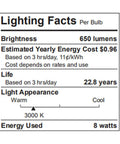 Lighting facts label showing 650 lumens, 3000K light appearance, 8 watts energy use for 12-Pack BR30 LED Recessed Light Bulbs Dimmable 3000K Warm White.