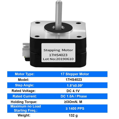 Nema 17 Stepper Motor Bipolar 1.8 Degree 200 Steps Per Revolution 4.1V 1A 13 Ncm Torque with specifications label
