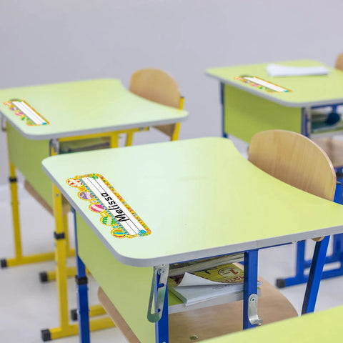 50 Pack Hot Air Balloon Style Desk Nameplates For Students, Bright Classroom Name Tags on yellow desks, colorful balloon decor.