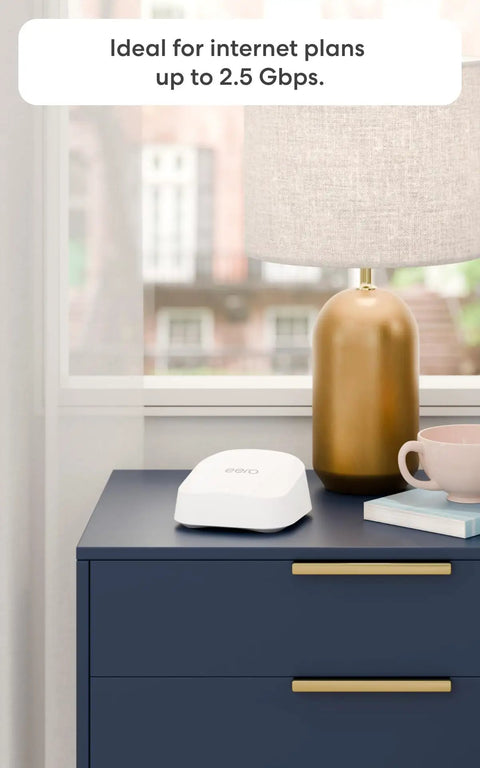 Unstoppable WiFi Upgrade With The Newest Eero 7 Dual Band Mesh Router on table, WiFi 7 Speeds Up To 2.5 Gbps, modern home setting