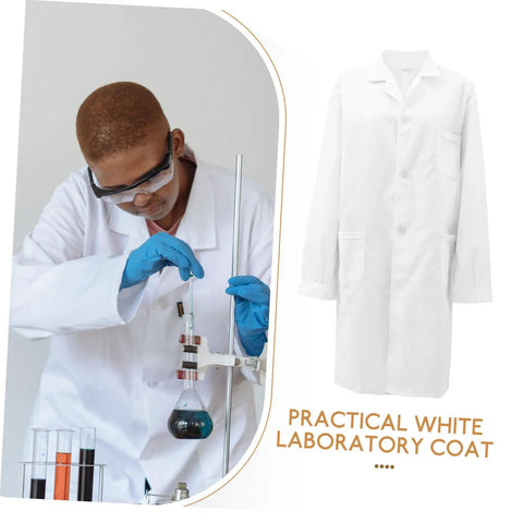 Man wearing Men's White Lab Coat, Long Sleeve Professional Medical Coat For Doctors, Pharmacists, Students And Adults, in lab