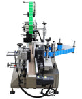 Bulletproof Stainless Steel Desktop Auto Labeling Machine Slick Top And Side Applicator Heavy Duty Packaging Gear Plug And Play Bottle Wrapping For Serious Producers from the side, showing label application process.