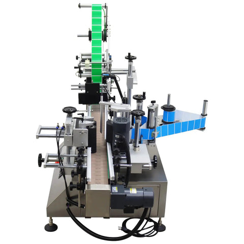 Bulletproof Stainless Steel Desktop Auto Labeling Machine Slick Top And Side Applicator Heavy Duty Packaging Gear Plug And Play Bottle Wrapping For Serious Producers from the side, showing label application process.