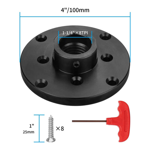 Rock Solid 4 Inch Wood Lathe Faceplate Made From Dang Tough Steel With A Rust Proof Black Finish And Eight Screw Holes to secure pieces.