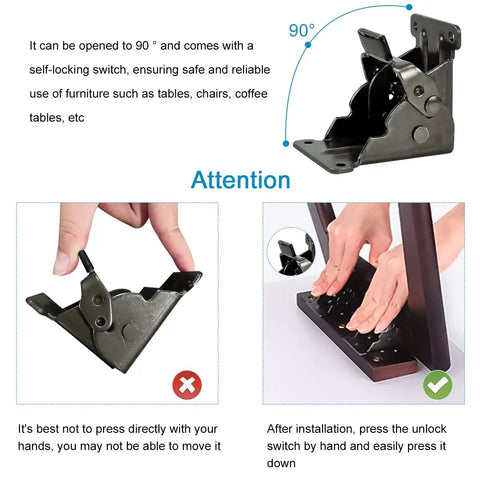 Rock Solid Folding Leg Brackets 4 Pack Heavy Duty Self Locking Steel Mounts With Screws For Workbench Table Bed Bench DIY Furniture Projects Built Like A Tank Dark Bronze Finish self-locking switch in use on folding leg bracket.