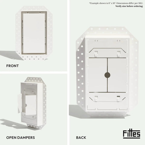 Lux Satin White Flush Wall Vent Cover In Solid Steel, Sleek Modern Minimalist Air Return Register With Adjustable Damper, Customizable To Match Your Space, No Fuss Easy Install For Wall Or Ceiling, 6x14 Inch Size, showing front, back, and open damper views.