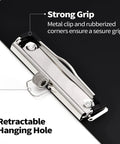 Close-up of metal clip and retractable hanging hole on Plastic Clipboard With Pen Holder Two Pack 8.5 By 11 Standard Letter Size.