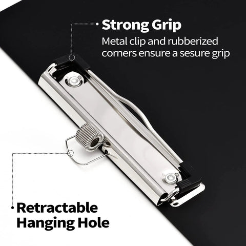 Close-up of metal clip and retractable hanging hole on Plastic Clipboard With Pen Holder Two Pack 8.5 By 11 Standard Letter Size.