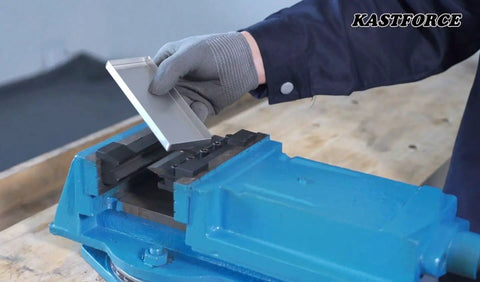 Person using 5 Inch Vise Mount Brake Bender Attachment for Metalworking that bends up to 14 gauge mild steel and 2mm aluminum, 125mm capacity