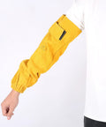 Tough As Nails Heavy Duty Cowhide Welding Sleeves Pair Flame Retardant Heat Shield Arm Guards For Welder Sparks And Weekend Garage Jobs Golden Yellow Leather Armor on arm.