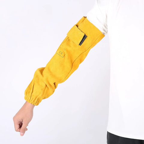 Tough As Nails Heavy Duty Cowhide Welding Sleeves Pair Flame Retardant Heat Shield Arm Guards For Welder Sparks And Weekend Garage Jobs Golden Yellow Leather Armor on arm.