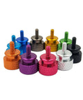 Assorted colored aluminum textured thumb screws for DIY PC case build, #8-32 thread, featuring orange, purple, blue, and more.