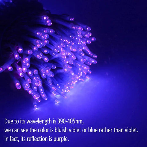 Close-up of 60ft Black Light String Lights With 240 LEDs For Lit Glow Parties emitting violet light, showing UV wavelength effect