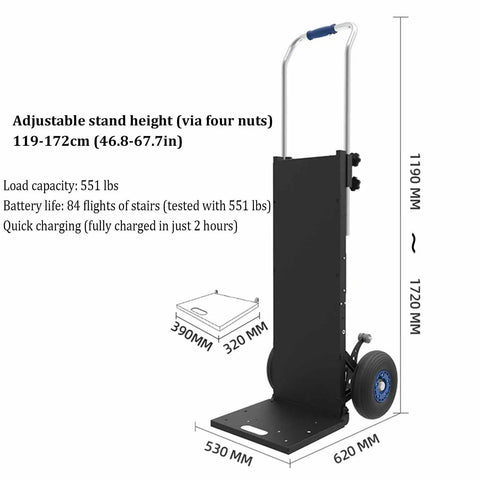 Heavy Duty Electric Stair Climbing Dolly With 1200 Watt Motor And Telescoping Handle For Hauling Up To 551 Lbs On Any Floor Or Stairs dimensions and features.