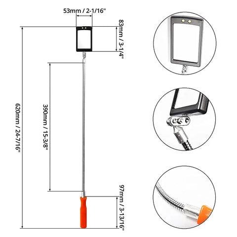 Diagram of Must Have Flexible LED Inspection Mirror With Telescoping Arm And 360 Degree Swivel For Hard To Reach Spots, dimensions labeled.