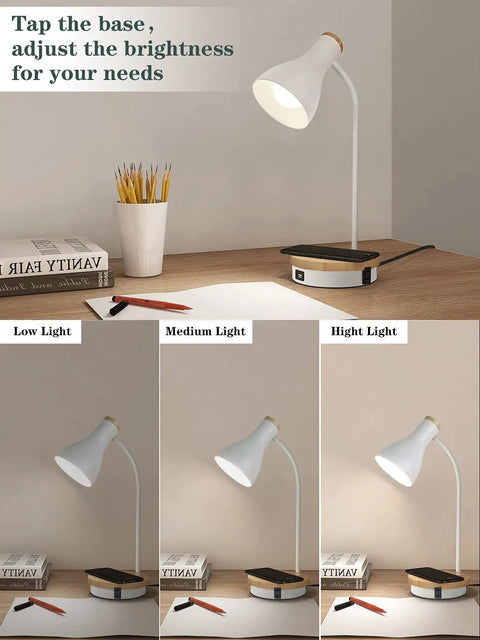 Metal Desk Lamp With Fast Wireless Charging Pad And USB Ports, Arc Table Light, 3 Way Dimmable Bedside Lamp For Bedroom, Study, And Office, White Finish.