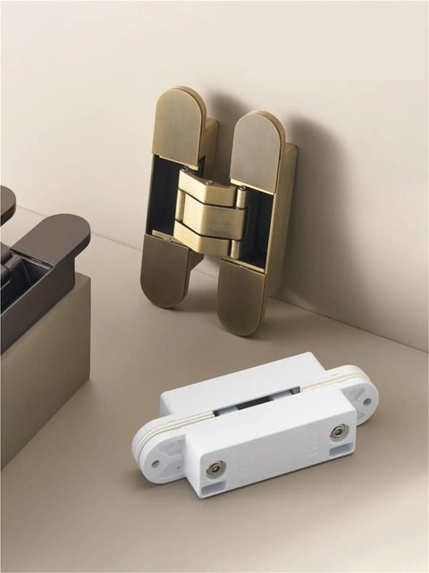 Invisible 3D Adjustable Concealed Door Hinges Heavy Duty Zinc Alloy Butt Hinge Shiny Gold Finish on Display