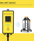 Wireless remote vacuum switch with dual outlet, 15A, 120V for dust collectors in workshop setup.