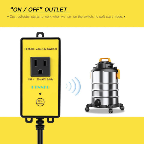 Wireless remote vacuum switch with dual outlet, 15A, 120V for dust collectors in workshop setup.