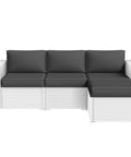 Thick Outdoor Patio Cushions Set Of 4 For All Weather Furniture Splashproof And Fade Resistant Replacement Couch Cushions For Outdoor Living Grey And Easy Care installed on white wicker sofa