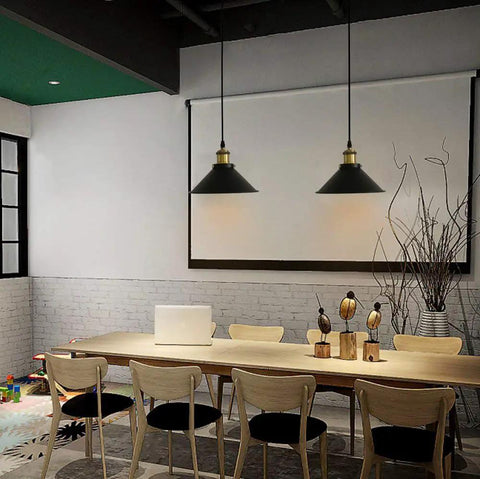Dining room with two 3-Light Battery-Powered LED Pendant Kit With Remote Control, Dimmable, No-Cord Indoor Lighting, black retro finish.