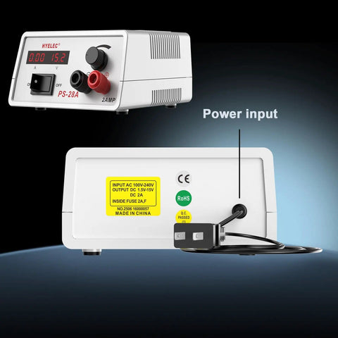 Continuously Adjustable DC Power Supply 1.5V to 15V Regulated Bench Supply, 2A Max, LED Display, rear view with power input