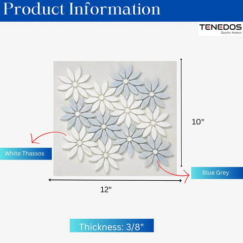 Thassos marble daisy mosaic tile sheet by Tenedos in Celeste blue and white front view 12x10 in 3/8 in thick