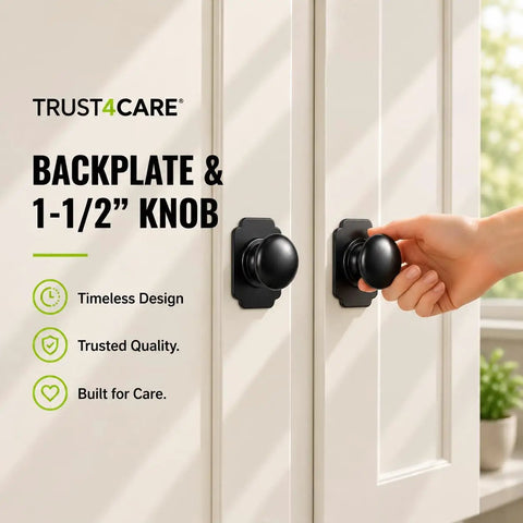 1.7 Inch Black Escutcheon Backplates For Bifold Closet Cabinet Knobs 4 Pack Zinc Die Cast Satin Nickel Finish Keeps Knobs Snug, Covers Scratches And Oversized Holes, Easy Install. black backplates on white bifold closet doors