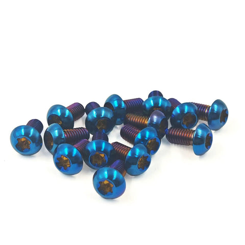 Set of Four Heavy Duty Grade 5 Titanium M5X12mm Bicycle Water Bottle Holder Screws Featuring T25 Torx Heads in blue finish.