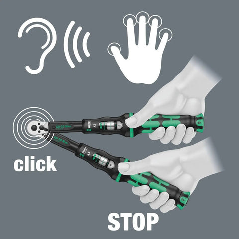 Pro Grade Click Torque Wrench With Reversible Ratchet, 2.5 To 25 Nm, Quarter Inch Drive shown with tactile and audible feedback