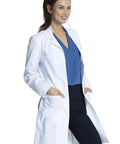 Plus Size White Lab Coat For Men And Women With 3 Pockets And 38 Inch Center Back Length CK460 3XL on model with notched lapels.
