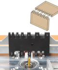 Precision Aluminum Router Table Insert Plate With Miter Gauge Guide Fence showing depth settings and bit in use for woodworking.