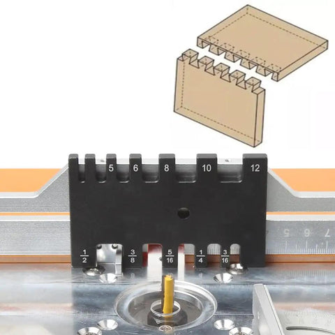 Precision Aluminum Router Table Insert Plate With Miter Gauge Guide Fence showing depth settings and bit in use for woodworking.