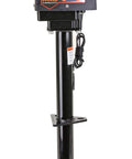 Side view of electric A-frame trailer tongue jack, 3500 lb capacity, black steel with base plate.