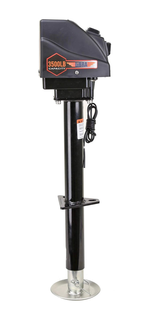 Side view of electric A-frame trailer tongue jack, 3500 lb capacity, black steel with base plate.
