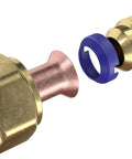 Close-up of Leak Free SAE Flare Seal Connector Kit showing male flare with blue sealing ring, Schrader valve ready fitting.