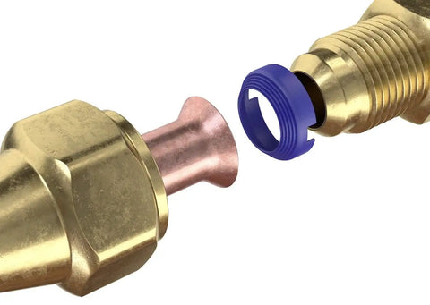 Close-up of Leak Free SAE Flare Seal Connector Kit showing male flare with blue sealing ring, Schrader valve ready fitting.