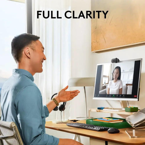 Man on video call using Straight Fire Full HD Webcam Crushing Every Video Conference And Livestream With Crystal Clear 1080p Quality Thirty Frames Per Second And A Durable Desk Mount Clip.