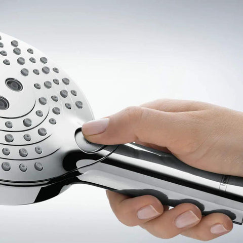 Hand holding 5-Inch Low Flow Handheld Shower Head With Three Spray Modes PowderRain Rain Whirl EcoRight Water-Saving Tech