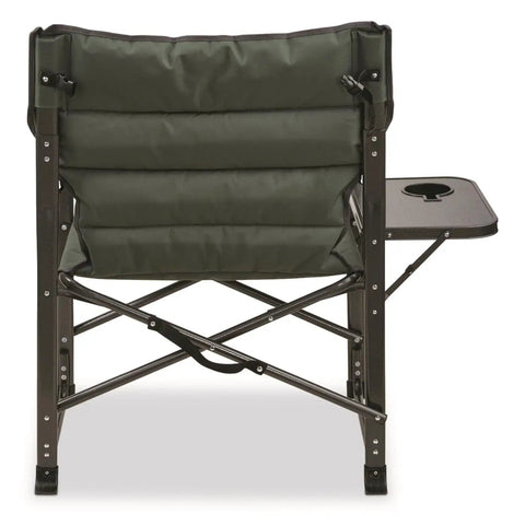 Rear view of green XL Comfort Padded Director's Camp Chair For Camping, Fishing, Beach And Poolside Hangouts with side table