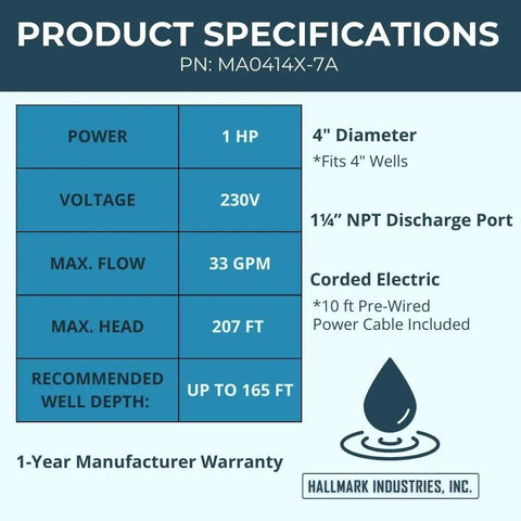 Specifications for Workhorse Deep Well Submersible Pump 1 HP 230V 33 GPM 207 Ft Head Stainless Steel Long Life 4 Inch