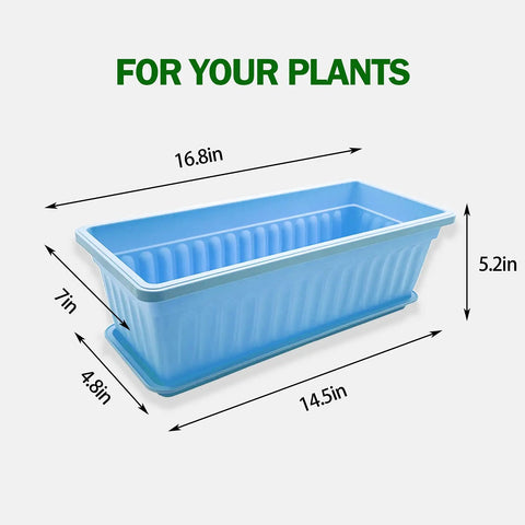 Close-up of blue Four Pack Rectangular Window Flower Box Planters With Trays For Balcony Windowsill Garden Durable Eco Friendly Plastic