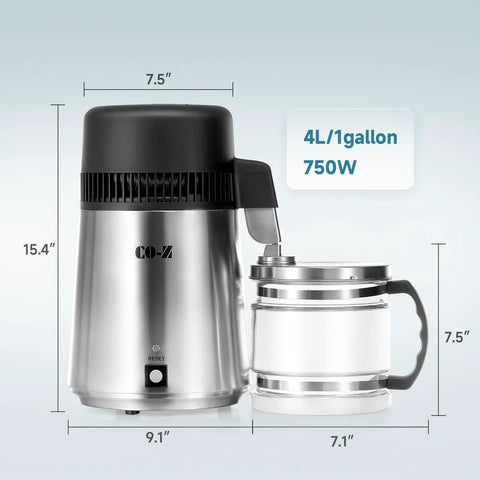 4L Brushed Stainless Steel Tabletop Water Distiller With Glass Pot, Home Distiller For Clean Purified Water In Minutes