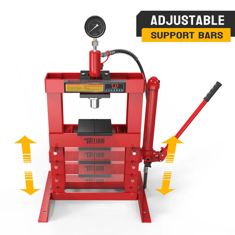 10 Ton Hydraulic Shop Press With Pressure Gauge And Press Plates, H Frame Benchtop Design, Adjustable Working Table Height, red frame