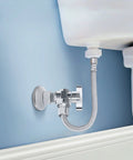 Chrome-plated brass angle stop valve installed with compression fittings and braided supply line to toilet.