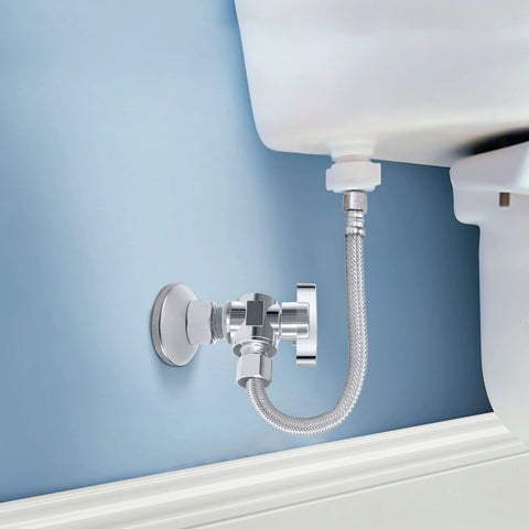 Chrome-plated brass angle stop valve installed with compression fittings and braided supply line to toilet.
